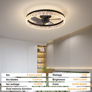 Ventilateur de plafond électrique moderne blanc en cristal LED à profil bas, 5 pales métalliques, pour extérieur et intérieur, avec moteur DC 6 vitesses et contrôle par télécommande et application - Product Image 6