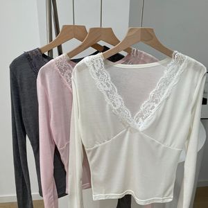 2025 di Brandy BM da <span class=keywords><strong>donna</strong></span> Casual semplice in pizzo a collo a V t-shirt a maniche lunghe Sexy Versatile canottiera per la primavera estate colore puro - Product Image 2
