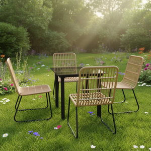 <b>Oak</b> And Black Poly Rattan Dining Set 4 Seater Powder Coated Steel <b>Frame</b> Glass Top Garden Outdoor Furniture - Product Image 2