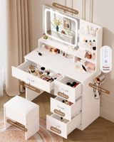 Coiffeuse avec miroir LED intelligent et station de charge, ensemble de coiffeuse blanche de 34,1 pouces avec tabouret rembourré