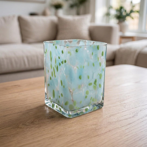 Frasco de Vidrio Cuadrado Vacío Hecho a Mano, Resistente al Calor, con Diseño de Puntos Azules y Verdes Transparentes para Decoración Navideña del Hogar - Product Image 1