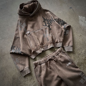OEM Custom Rhinestone Studded Gothic <strong>Grunge</strong> Oversized Streetwear Sweatshirt Heavyweight Vintage Washed Brown Cropped <strong>Hoodies</strong> Men - Product Image 1