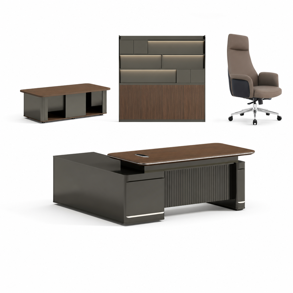 Bureau de direction + Fauteuil de direction + Classeur + Table basse longue