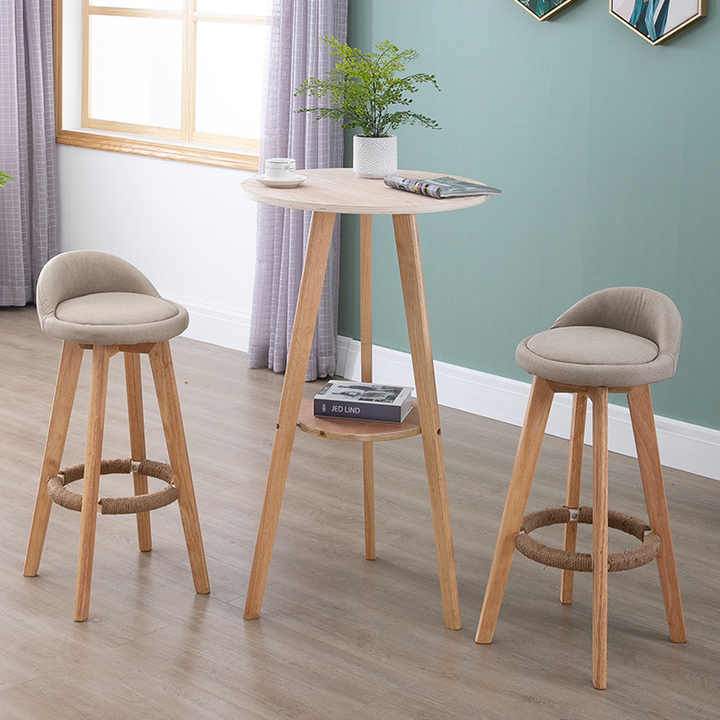 Nordic Rustic Oak Wood Bar Stool with Footrest