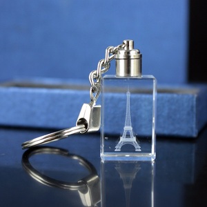 Hot Sell Travel Promotional Gift Crystal 3D Laser Eiffel Tower Cube Keychain LED Keyring
