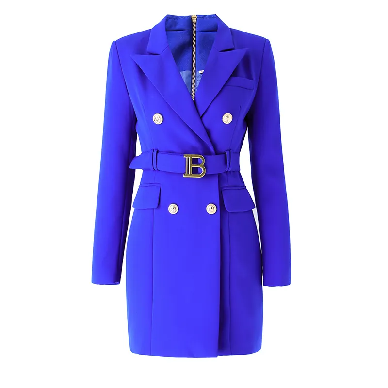 New Color Royal Blue Women Belt Blazer Dress Quality Solid Tie Blazers Elegant Style Office Lady Dresses