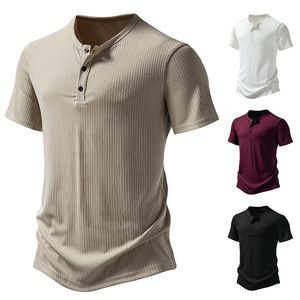 T-shirt da uomo girocollo a tre bottoni in maglia a costine, a maniche corte, tinta unita, sportiva, vestibilità ampia, per giovani, nuova collezione estate 2026, 100% cotone - Product Image 1