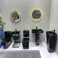 Conjunto de Baño Moderno en Negro y Dorado, Inodoro de Una Pieza con Pedestal y Lavabo, para Instalación en el Suelo