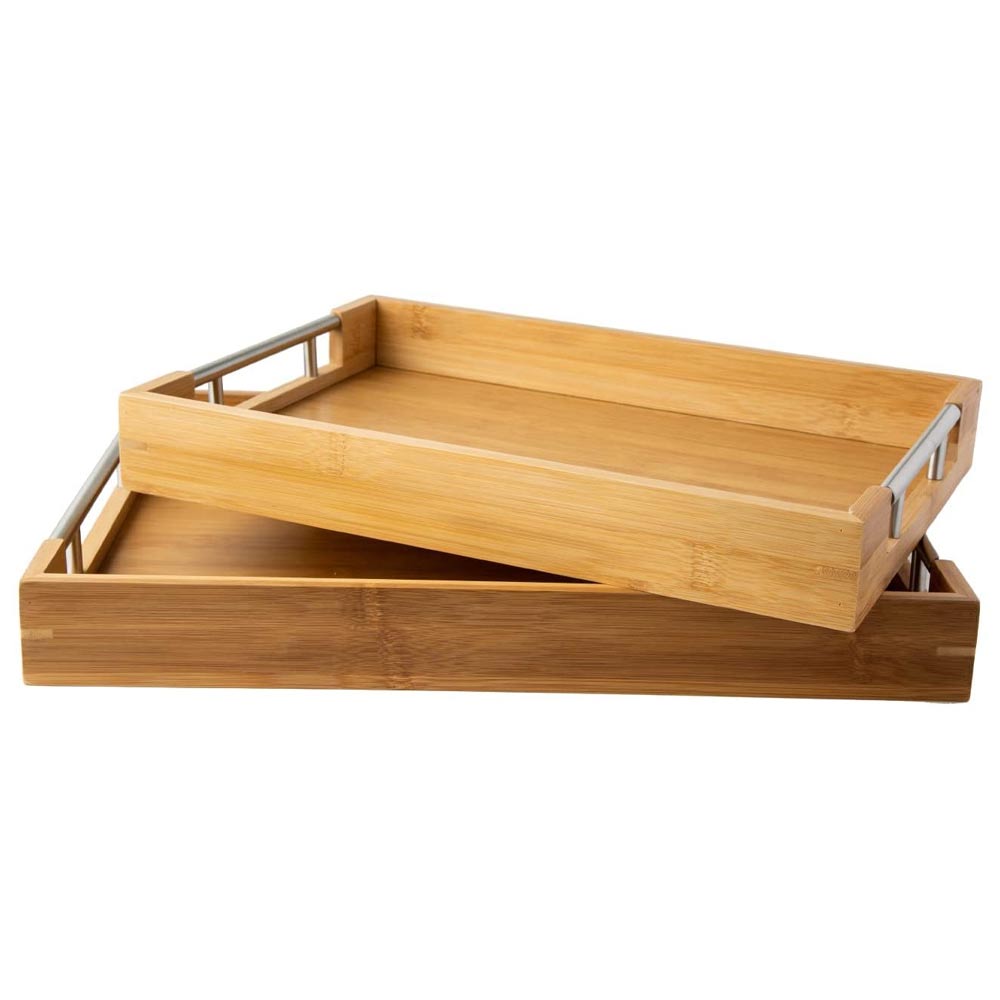 Современные бамбуковые сервировочные подносы на заказ с ручкой из нержавеющей стали, набор из 2 деревянных подносов