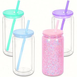 Gobelet double paroi 20oz style boule à neige, avec trou pré-percé, couvercle coloré et paille, en plastique PS transparent, pour personnalisation DIY, style américain, cadeau d'affaires - Product Image 3