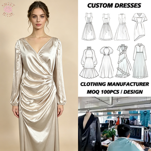 Vestido Largo de Satén para Mujer, Cuello en V, Manga Larga Abullonada, Estilo Cruzado y Fruncido, Vestido de Noche Elegante para Dama de Honor, Fiesta Formal - Product Image 1
