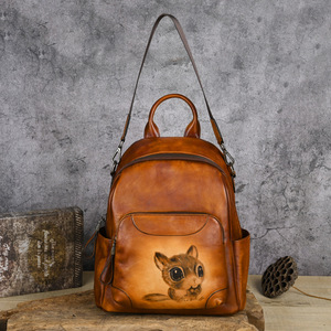 Bolso Ando, Mochila de Cuero Vacuno Genuino para Mujer, Diseño Vintage con Estampado de Gato, Mochila de Viaje con Bolsillo Frontal - Product Image 4
