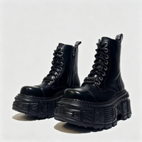 Bottes courtes à plateforme style rétro punk, gothique, métal, motard, avec surpiqûres robustes, style scraper, couleur unie, super hautes