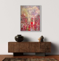 Peinture à l'huile murale sur toile faite à la main, vue sur rue de bâtiments rouge vif, style ethnique moderne, décoration intérieure pour la maison, Ramadan, mariage