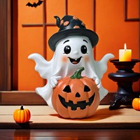 Vente directe d'usine : Adorables sculptures en résine d'Halloween, fantôme souriant de dessin animé avec citrouille