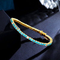 Nouveau Bracelet Chaîne Tennis Classique Plaqué Or Africain avec Pierres Turquoises Bleues Rondes de 3mm pour Femme et Fille, Bijoux Plaqué Or