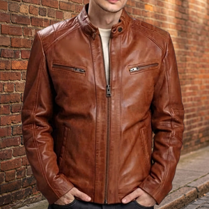BS International NA209 Genuine Calf Leather Mandarin Collar <b>Racer</b> <b>Jacket</b> Eco-Friendly Custom Colours OEM ODM Customized Canvas - Product Image 1