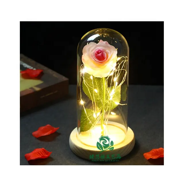 Zhen xin qi artesanato atacado decoração artificial eterna led rosa preservada flor em cúpula de vidro com luz