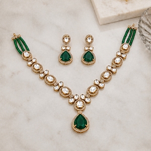 925 Silver <b>Necklace</b> and Earrings Set for Women Green Stone Pearls Kundan Work Traditional Indian Jewelry Bridal Party Gift - Product Image 4