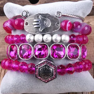 Moda feminina Boho Jóias Contas de vidro de Cristal Natural Gemstone Druzy Charm Bracelet & Bangle 5pc Pilha Pulseiras Conjuntos