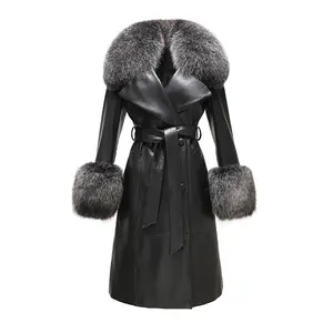Yeni varış gerçek kürk manşet koyun derisi siyah deri mont uzun Shearling ceket kadınlar Fox kürk yaka ile
