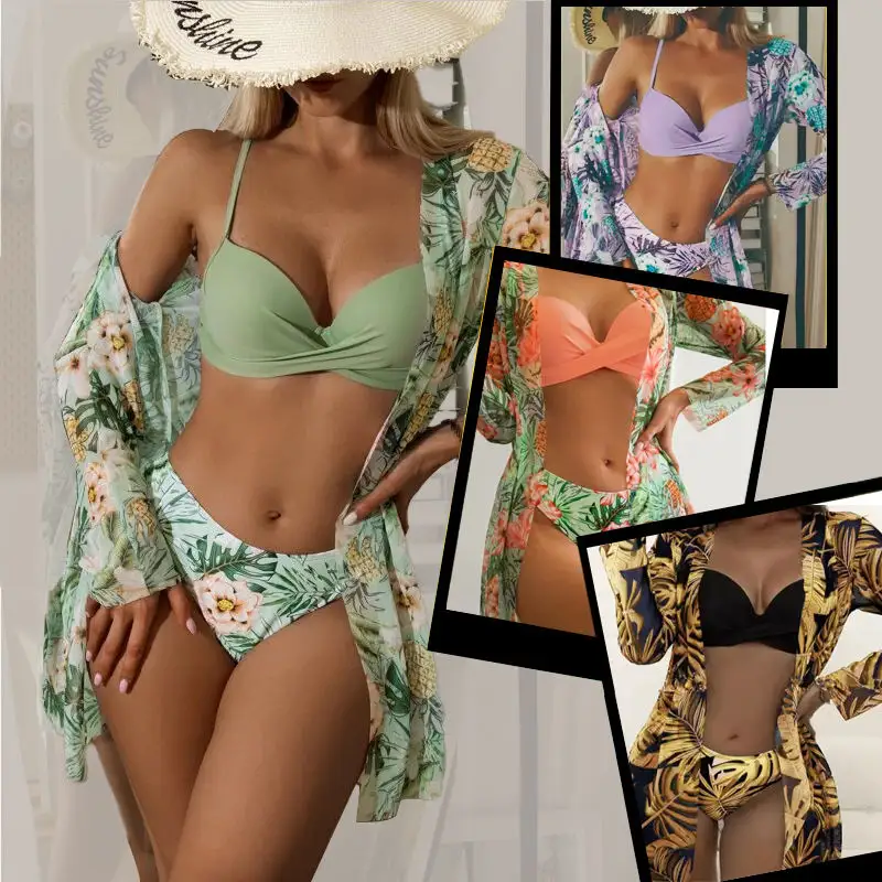 JSN75018 2022 New designer bathing suits green leaf print bikini swimsuit long sleeves cover up 3 piece swimwear