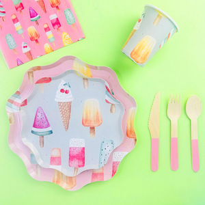 Ensemble de vaisselle jetable DAMAI Ice Cream Premium pour fêtes d'enfants, anniversaires, fêtes d'été, assiettes, gobelets et serviettes en papier - Product Image 1