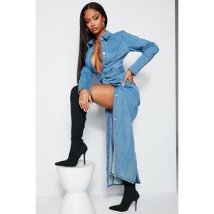 Women's Shirt Style Single <b>Breasted</b> Lace up Midi Denim Long Dress - Product Image 3