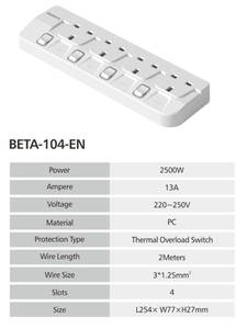BETA Series Ready Stock UK Standard <b>Extension</b> <b>Socket</b> Overload Switch Fire Resistant PC Shell - Product Image 6