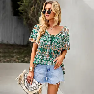 Wholesale Summer Beach Wear Top Shirts Bohemian Style Blouses Floral Printed Tassel Detail Peplum Blouse