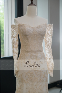 Ruolai QW02202 guaina con maniche a spalla con paillettes <span class=keywords><strong>in</strong></span> <span class=keywords><strong>pizzo</strong></span> oro Champagne abito <span class=keywords><strong>da</strong></span> sposa con fiocco staccabile - Product Image 5