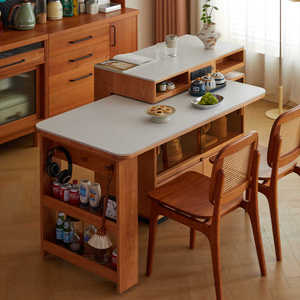 Buffet Carré Moderne en <span class=keywords><strong>Bois</strong></span> Massif avec Plateau en Ardoise Rotatif, Extensible et Pliable de Style Japonais, Bar à Vin Intégré, Sans <span class=keywords><strong>Assemblage</strong></span> - Product Image 3