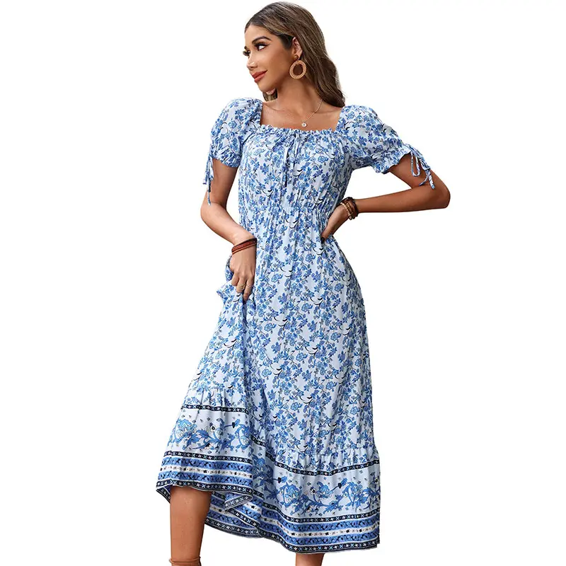 Damen Elegant Casual Summer Bohemian Damen Viskose Blumen druck Boho Kleid