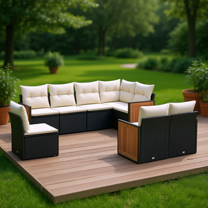 Conjunto de sofá de jardín de ratán blanco crema y negro, 6 plazas, muebles de exterior resistentes a la intemperie, diseño contemporáneo, estructura de madera de teca - Product Image 2