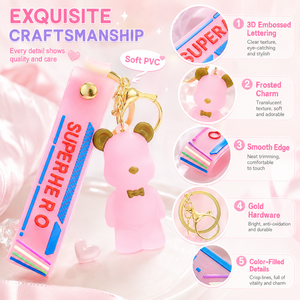 Prêt à expédier : Magnifique porte-clés en PVC ours 3D givré avec oreilles dorées, nœud papillon et bracelet SUPERHERO - Product Image 3