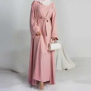 穆斯林时尚简约套装女性纯色长袖连衣裙和外套套装