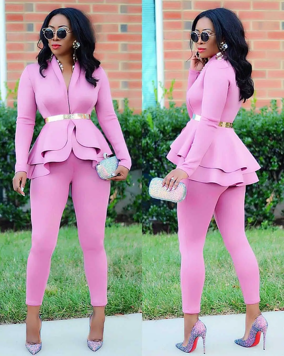 2021 New Fashion Ruffle Casual Long Sleeves Female Pink Women's Blazers Slim Fit Uniform Two Piece Jacket And Pant Set