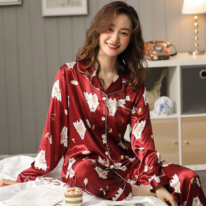 Pigiama Floreale in Seta Ghiaccio Traspirante da Donna, Set Due Pezzi Sottile a Maniche Lunghe Primavera Autunno, Cardigan Coreano per Giovani Mamme, Abbigliamento da Casa - Product Image 2