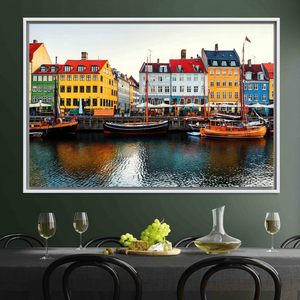 Nyhavn Denmark <b>Canvas</b> Print: Copenhagen Colorful Harbor Scene,WHITE <b>FRAMED</b> <b>CANVAS</b> - Product Image 3