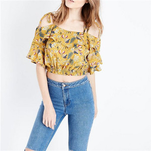 2019 Personnalisé En Gros Femmes Pas Cher Vêtements Jaune Floral Volants <span class=keywords><strong>Top</strong></span> - Product Image 1