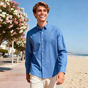 <span class=keywords><strong>Camisa</strong></span> de Vestir Entallada con Cuello Italiano y Logotipo Personalizado, <span class=keywords><strong>Camisa</strong></span> de Negocios Casual <span class=keywords><strong>Azul</strong></span> <span class=keywords><strong>Marino</strong></span> a Rayas, Algodón-Poliéster de Fácil Cuidado con Botones - Product Image 1