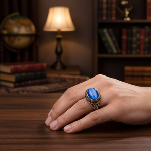 Oval Cut Blue Cat Eye Stone Turkish Wholesale Handcrafted Authentic 925 Silver <b>Men</b> <b>Ring</b> <b>for</b> <b>Men</b> - Product Image 3