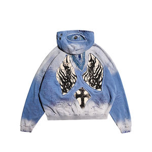 Giacca con Cappuccio in Cotone Lavorato a Maglia Personalizzata di Alta Gamma, Stile Retrò Streetwear, Effetto Lavaggio Acido e Dettagli Distressed, Anti-Piega, Stampa Digitale - Product Image 2