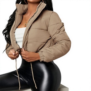 Beige Puffer Jacket Stand Collar Zipper Closure Quilted Windproof <b>Thick</b> <b>Winter</b> <b>Coat</b> Casual Slim Fit Short Length - Product Image 1
