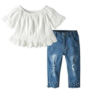 Europe America Spring Summer Children Clothing <b>White</b> <b>Lace</b> Short Sleeve Hole Beaded Denim Trousers Set - Product Image 6