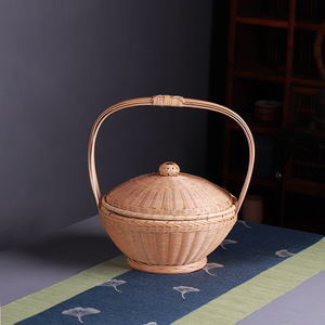 Handmade Bamboo Round Basket With Lid Kitchen Food Storage Container <b>Standing</b> Type Woven Basket For <b>Vegetable</b> Fruit Egg - Product Image 1