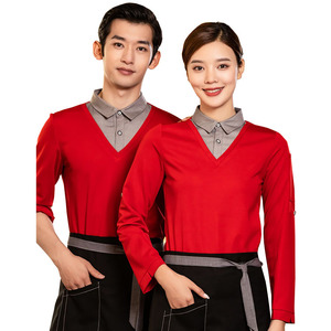 Nueva moda personalizada de imitación de dos piezas camisa de trabajo restaurante Bar personal uniforme superior camarero camarera estilo Casual Fabricación de <span class=keywords><strong>camisetas</strong></span> - Product Image 1