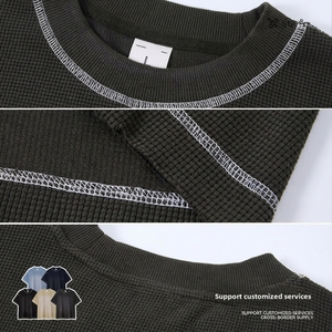 T-shirt da <span class=keywords><strong>uomo</strong></span> casual in stile americano, con cuciture <span class=keywords><strong>a</strong></span> contrasto, effetto waffle, anti-piega, sbiancato, lavato, tinta unita effetto spray. - Product Image 4