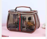 Trousse de Maquillage Vintage Marron Transparente en PVC avec Ruban Rayé Décoratif, Sac Cosmétique Portable de Voyage à Main