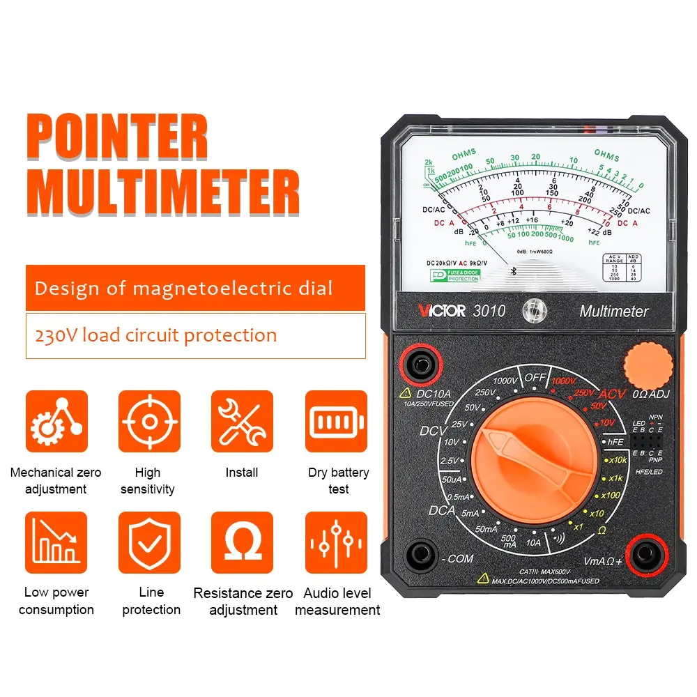 VICTOR Baru 3010 Multimeter Analog Perlindungan Jalur Uji Triode Tegangan DC AC 1000 10A 9 ~ 20Kohm Meteran Penunjuk Impedansi Input